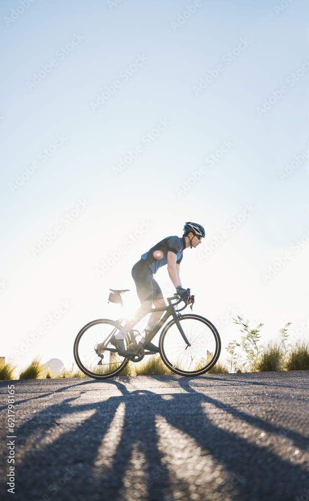 Mountain, sports and male cyclist cycling on bicycle training for a race or marathon in nature. Fitn