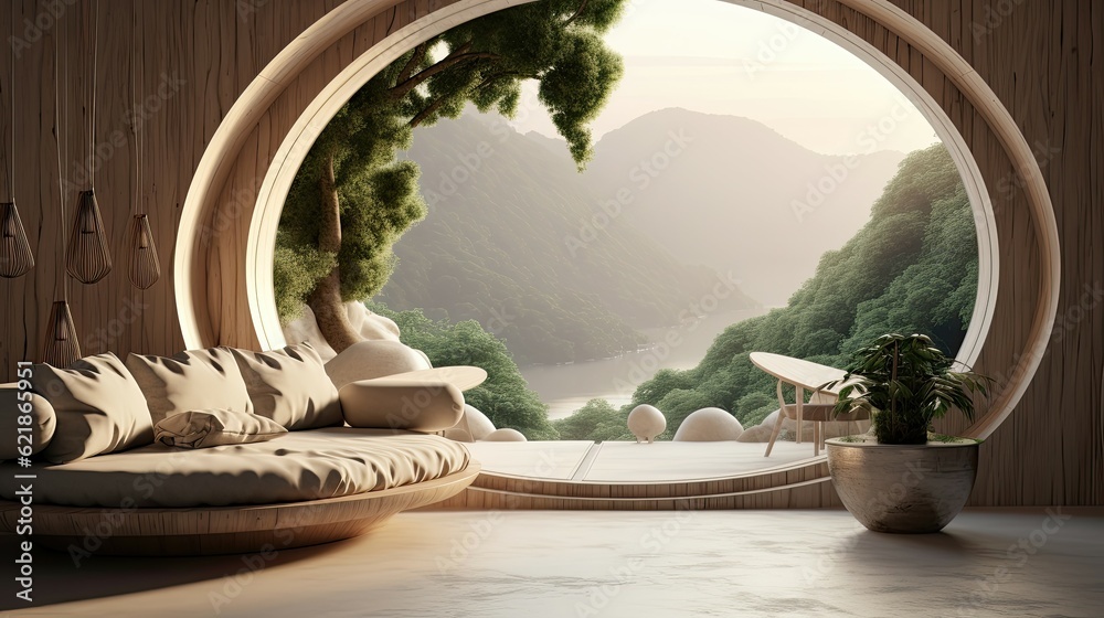 3D render of a cozy welcoming room that combines nature and futuristic style with a wood round windo