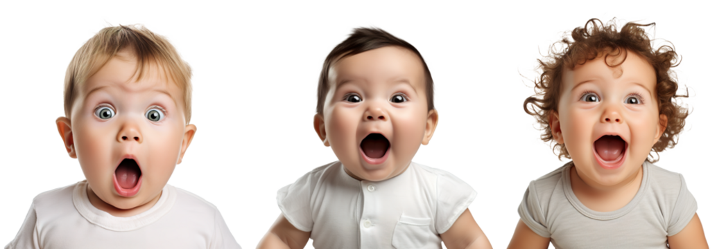 一组透明背景下兴奋、震惊、惊讶、快乐高加索儿童幼儿的肖像；