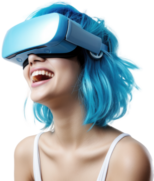 一位面带微笑、年轻漂亮、蓝色头发、戴着 VR 头盔的女子，在白色背景下孤立呈现为透明 PNG 格式，虚构人物
