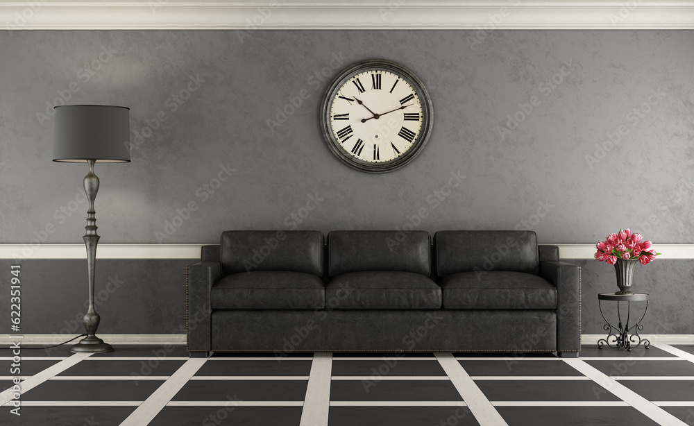 Classic living room with black sofa and gary wall - 3d rendering