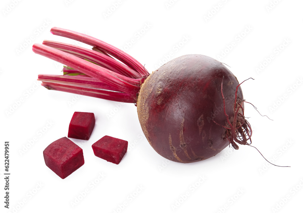 Fresh beet and cut pieces on white background