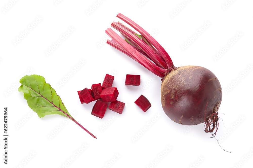 Fresh beet, cut pieces and leaf on white background