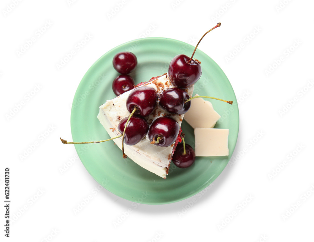 Plate with piece of tasty cherry cake isolated on white background