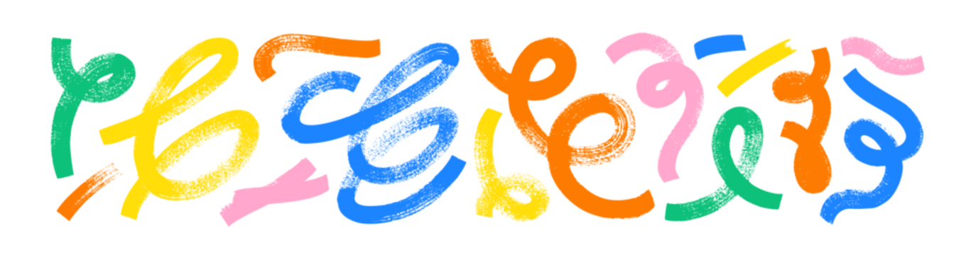 收集在白色背景上孤立的带有环的彩色粗体曲线。手绘粗体垃圾摇滚风格的波浪形和漩涡状笔触。简单幼稚的矢量涂鸦和弯弯曲曲的线条。创意时尚风格设计。