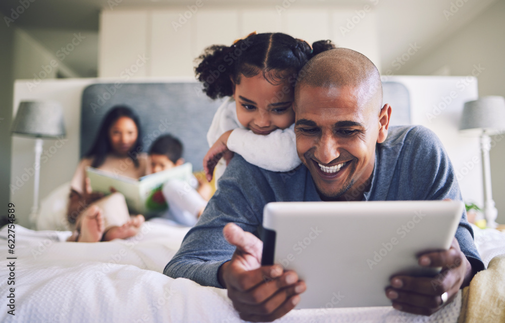 Happy, cartoon and father and a child with a tablet in the bedroom for games, app or streaming a vid