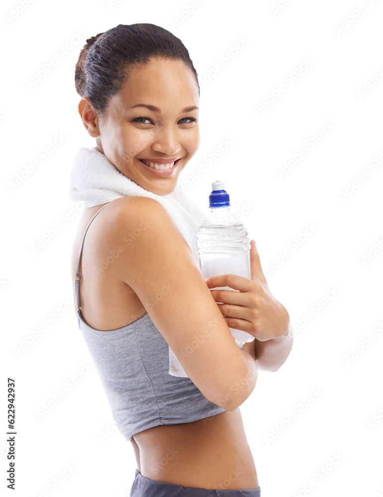 Portrait, fitness and happy woman with water on isolated, transparent and png background. Health, ex