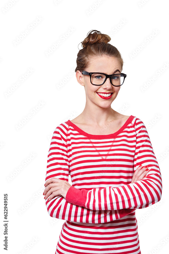 Fashion, glasses and question with portrait of woman on png for nerd, education and youth. Happy, id