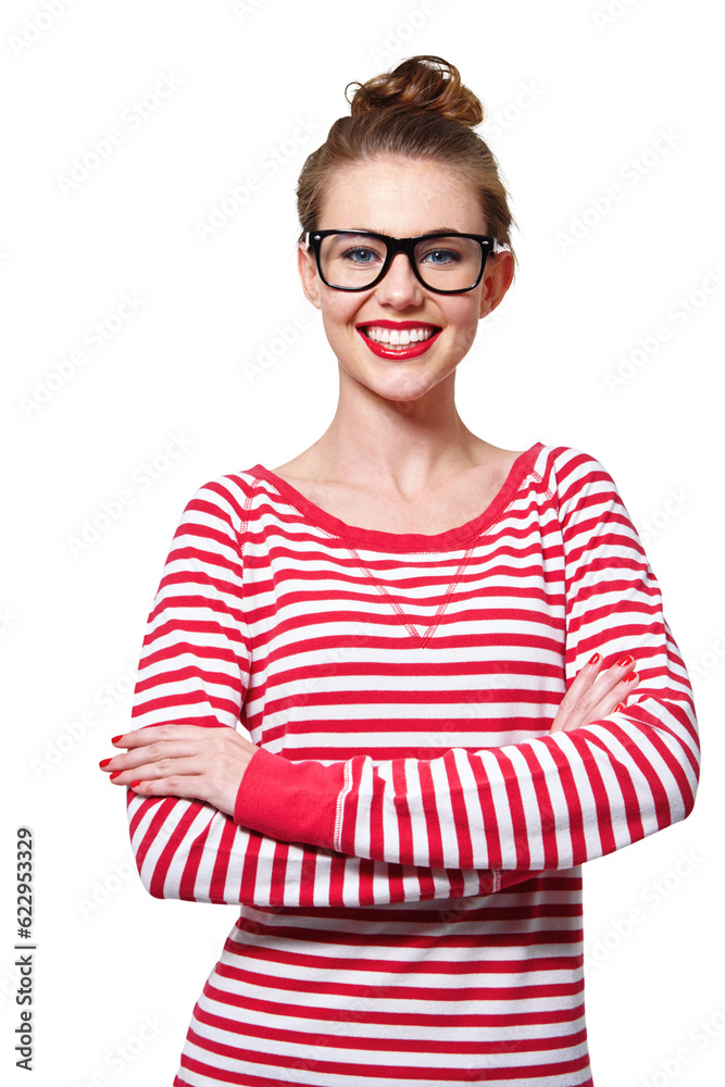Fashion, glasses and arms crossed with portrait of woman on png for nerd, education or youth. Happy,
