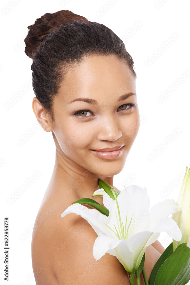 Skincare, spa and portrait of woman with flowers on isolated, png and transparent background. Dermat