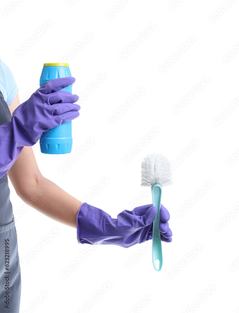 Young woman with bottle of detergent and toilet brush on white background, closeup