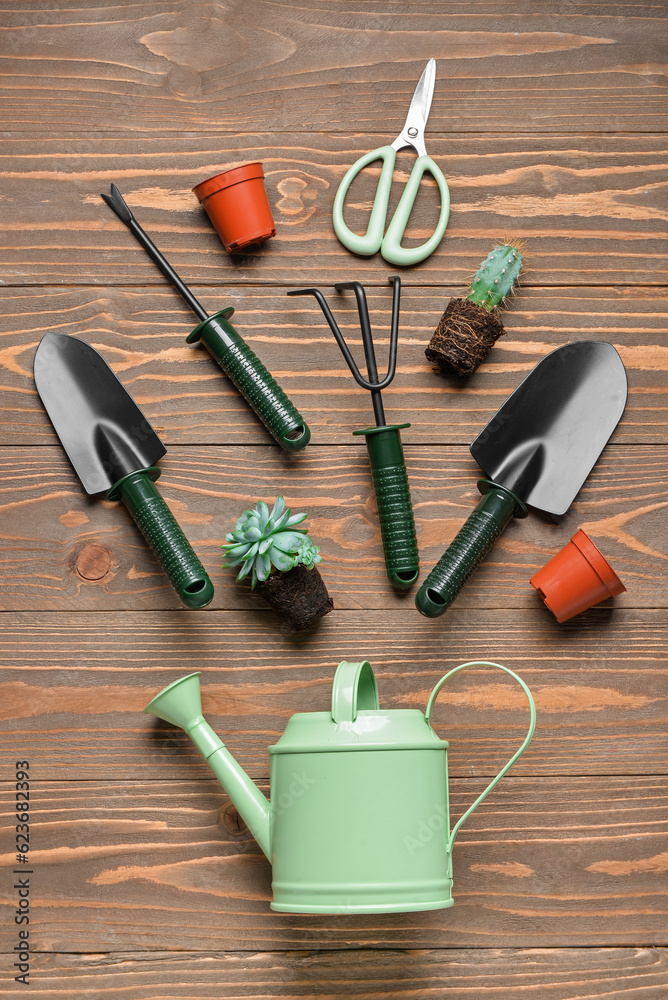 Composition with gardening tools and plants on brown wooden background