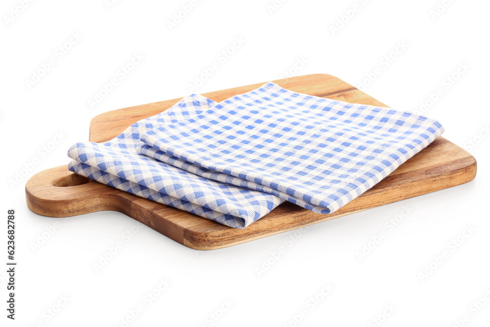 Wooden kitchen board and clean napkins isolated on white background
