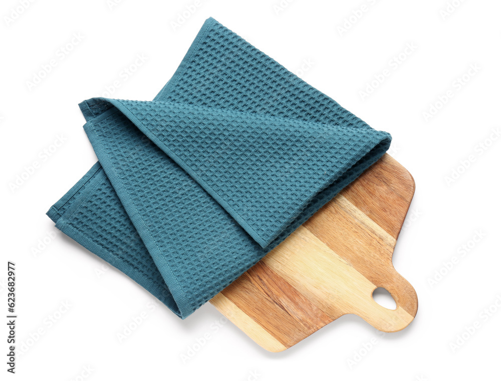 Wooden board and clean napkin on white background
