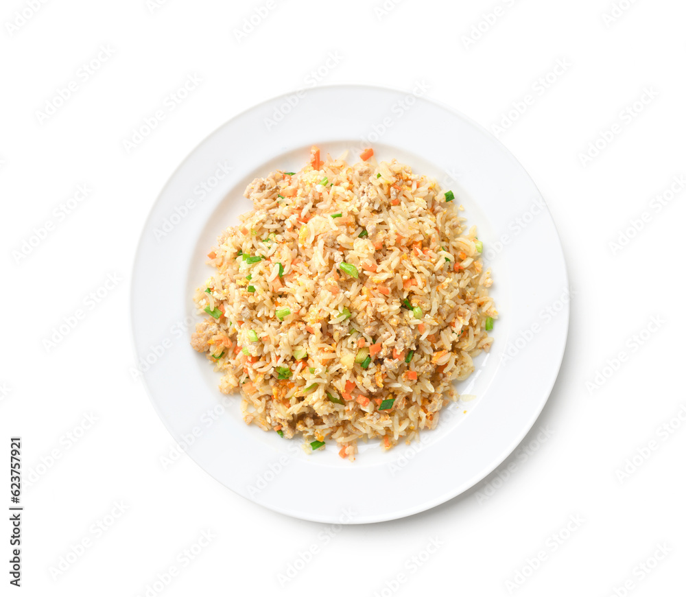 Top view of Fried rice with pork and egg isolated on white background. Clipping path.