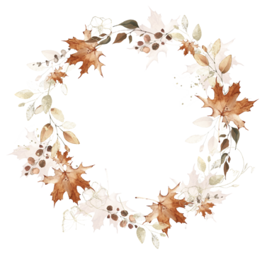 水彩秋叶边框。红、米、棕的秋季野生绿植，桉树树枝、枫叶和细枝。孤立的剪贴画。