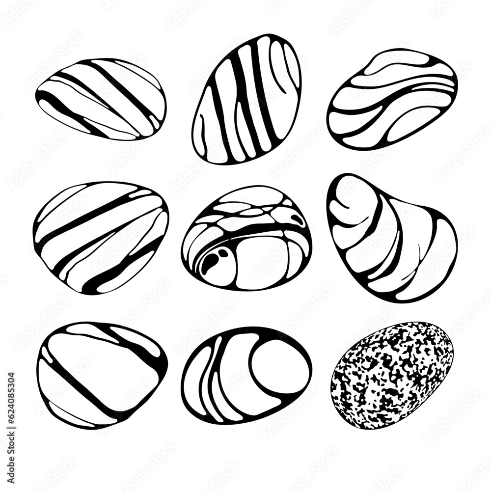 Set of beach pebbles or sea stones in various shapes. Different form and textures, silhouette, monoc