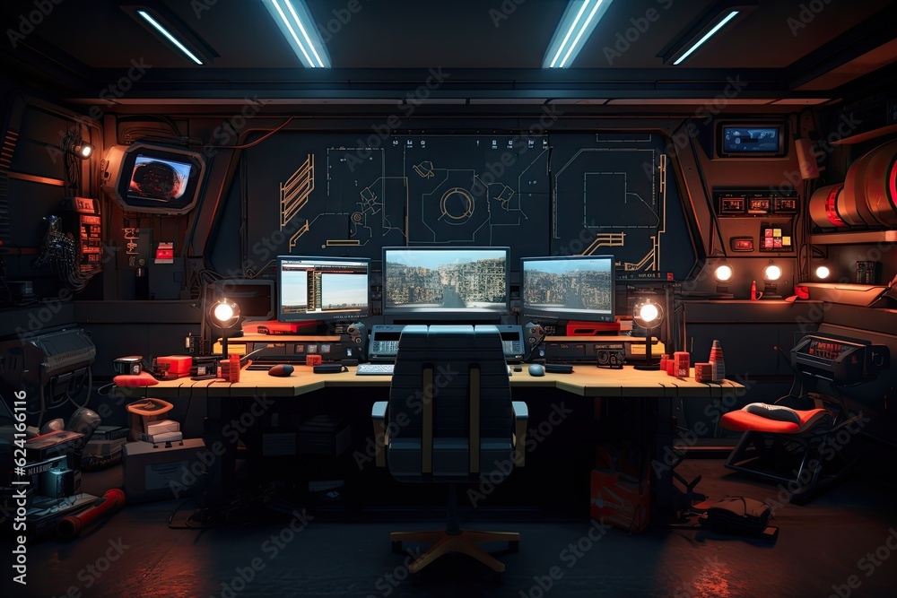 Space station interior. Futuristic spaceship interior. 3d rendering of a computer room with a set of
