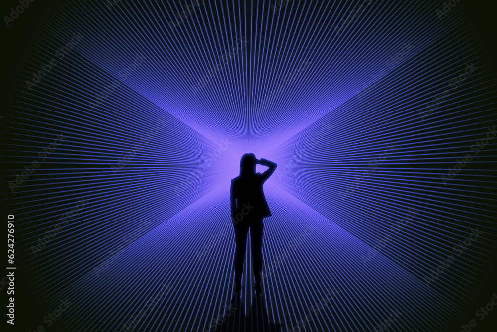 Conceptual image of businesswoman silhouette on bright blue lines background. Success, metaverse and