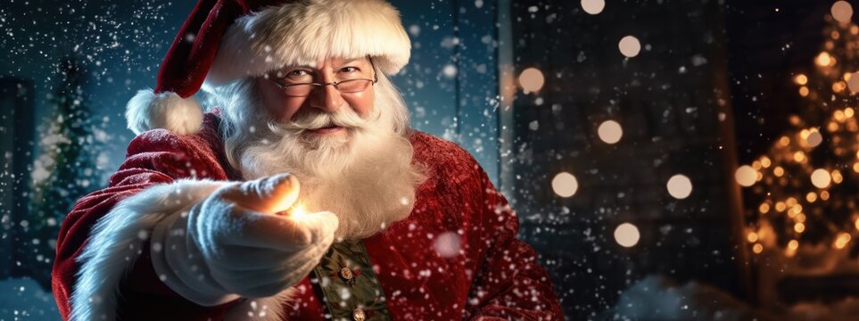 散焦虚化背景下快乐圣诞老人的照片，带有留白空间。圣诞概念。