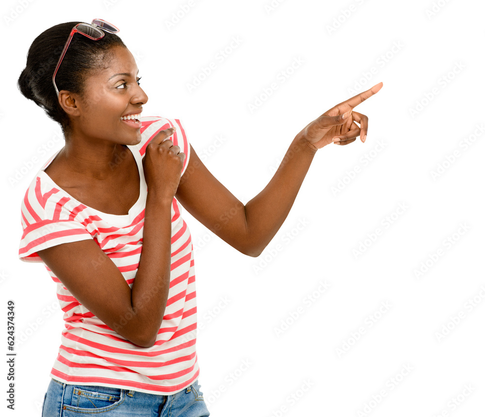 Fashion, pointing and happy black woman for advertising on isolated, PNG and transparent background.