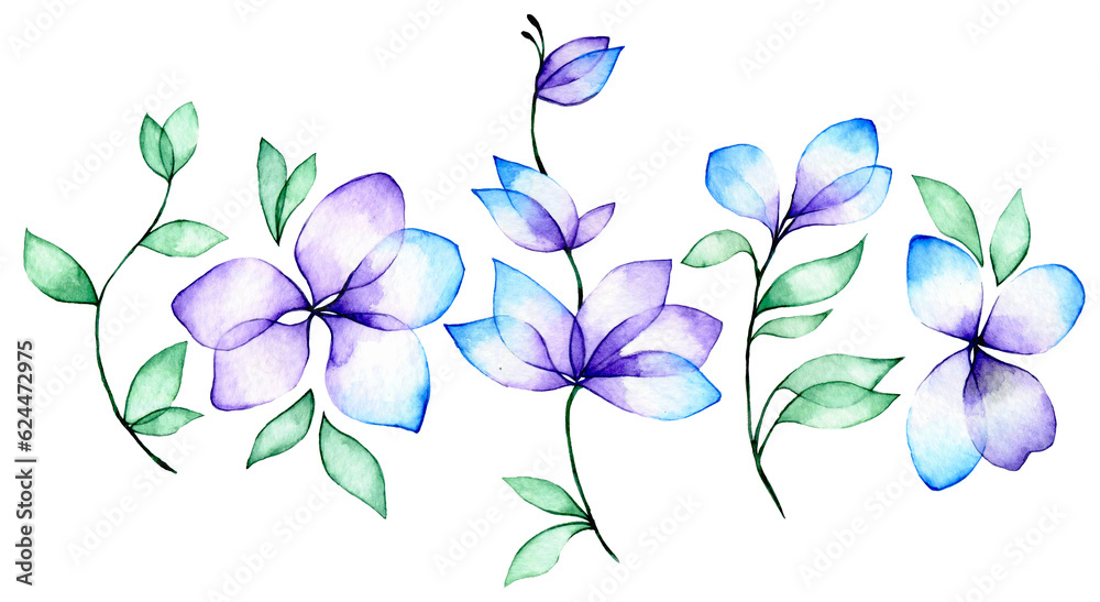 watercolor drawing. set of abstract transparent flowers and leaves. blue and purple flowers, clipart