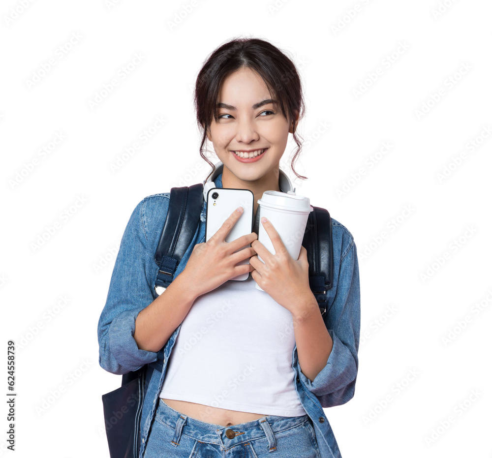 Portrait of young Asian woman student standing with smartphone coffee and backpack.College Teenager 