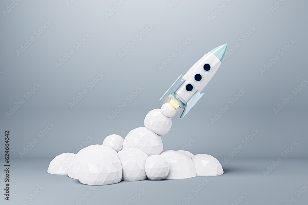 Startup and advertising campaign concept with launched rocket on grey background. 3D Rendering