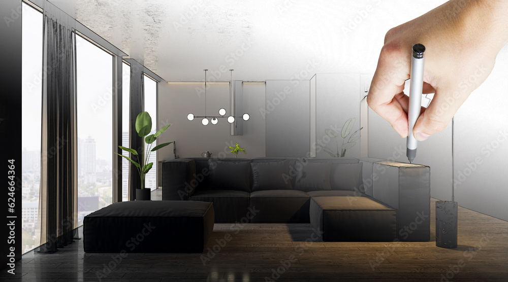 Hand drawing modern dark living room with window and city view, furniture. Interior design concept.