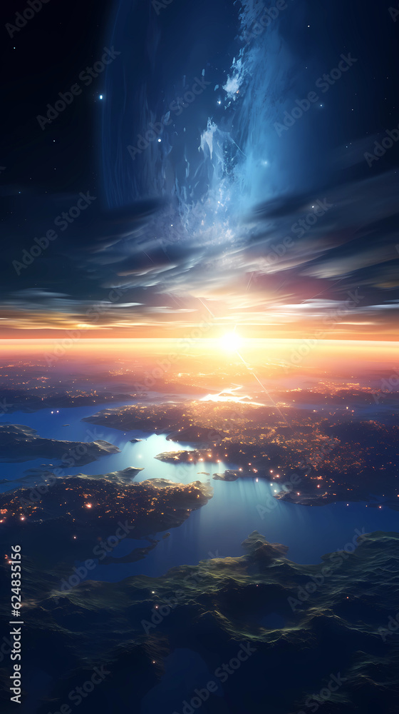 View of blue planet Earth with sun rising from space. Elements of this image furnished by NASA