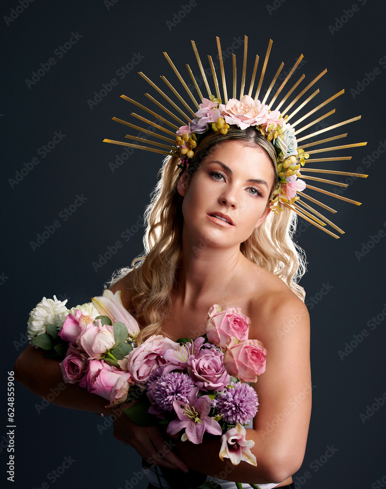 Woman, flowers and crown in studio portrait for goddess, beauty or wellness for new beginning by bla
