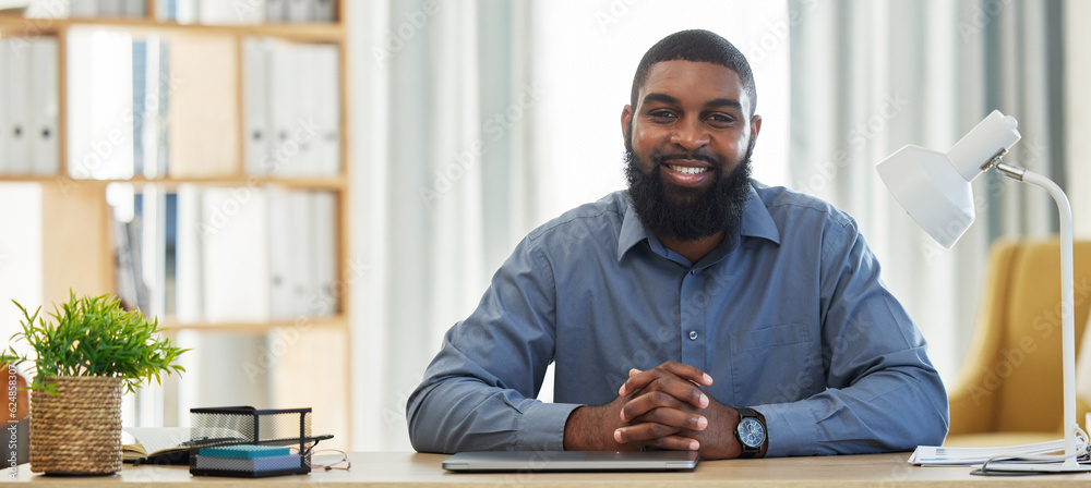 Portrait of black man in office, desk smile with professional consulting and lawyer at advisory agen