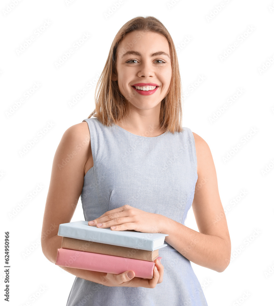 Young woman with books on white background