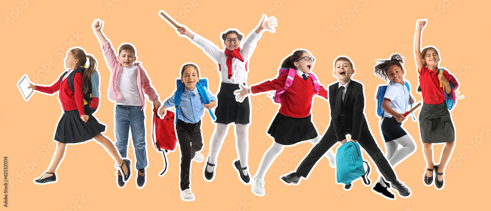 Collage with many happy schoolchildren on beige background