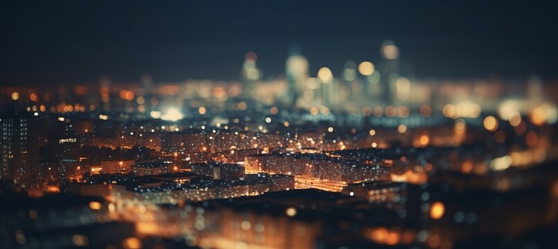 Night cityscape lights building bokeh background. Generative AI technology.	
