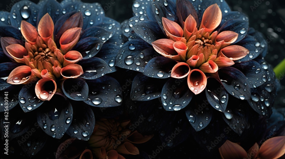 Black Dahlia flowers with water drops background. Closeup of delicate blossom with glistening drople