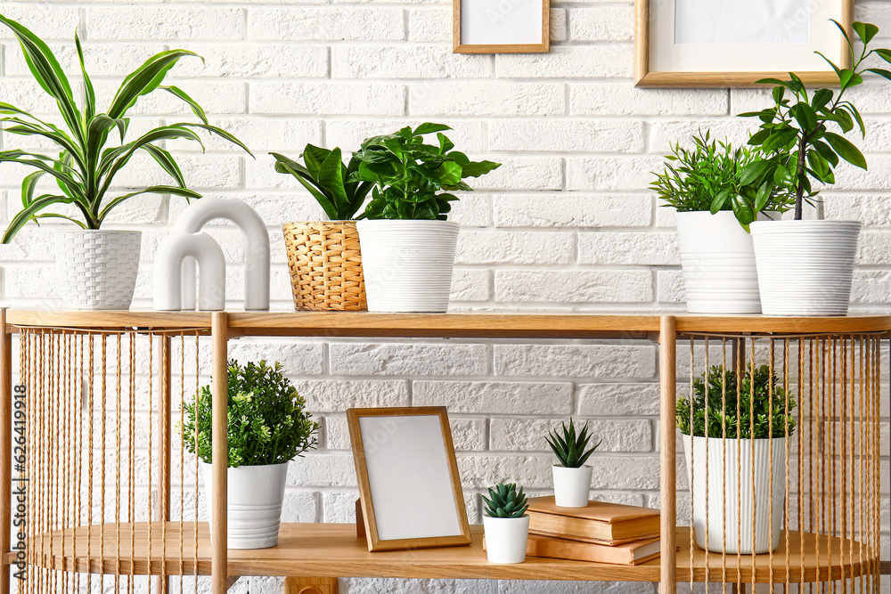 Table with houseplants, frame and books near white brick wall