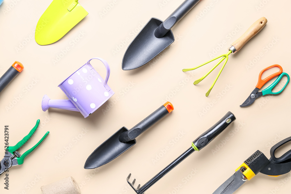 Set of different gardening tools on beige background