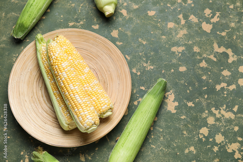 Plate with fresh corn cobs on green background
