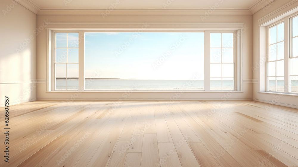 Empty apartment room with wooden floor of beach house. Sea view from windows. Copy space. Generative