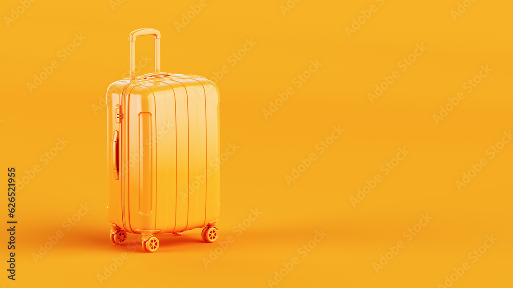 Stylish Orange Suitcase on wheels on orange background. Travel concept - suitcase 3d icon. 3d render