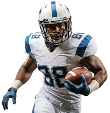 一位头戴白蓝相间头盔、身着队服的美国橄榄球运动员手持球奔跑。