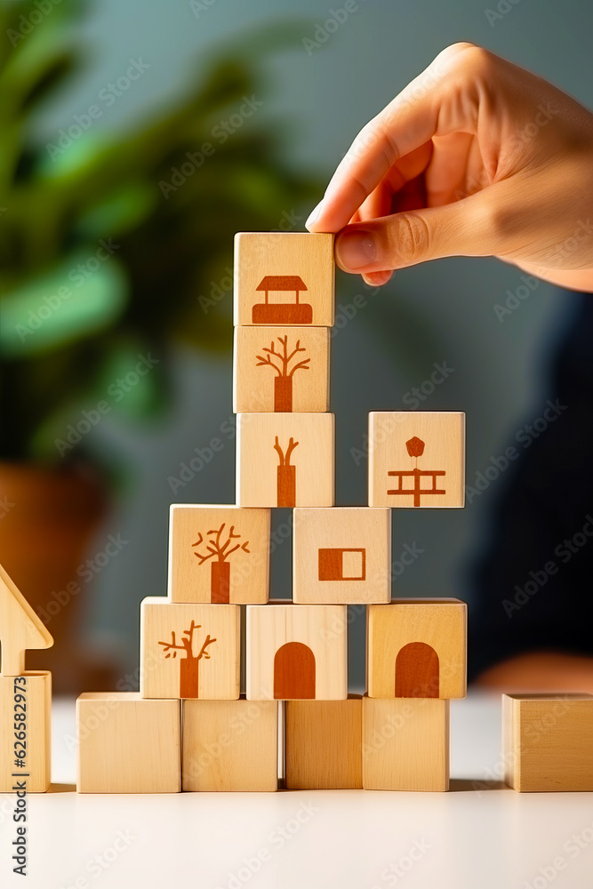 Person placing wooden block in the shape of house and tree.