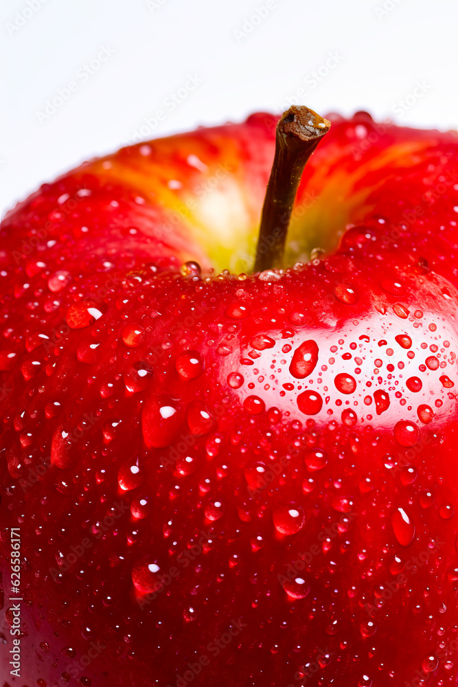 Close up of red apple with drops of water on the surface.