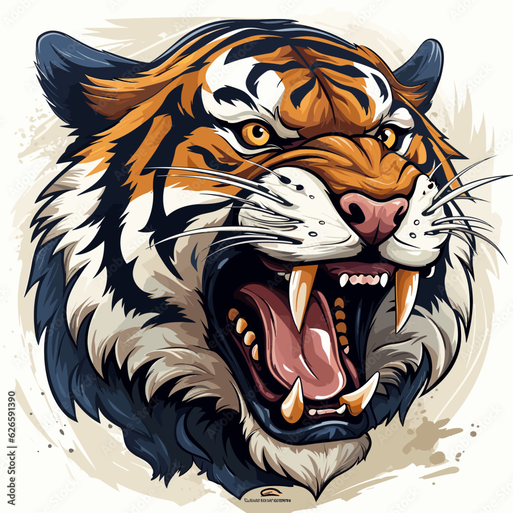 Tigers head with its mouth open and its teeth wide open.