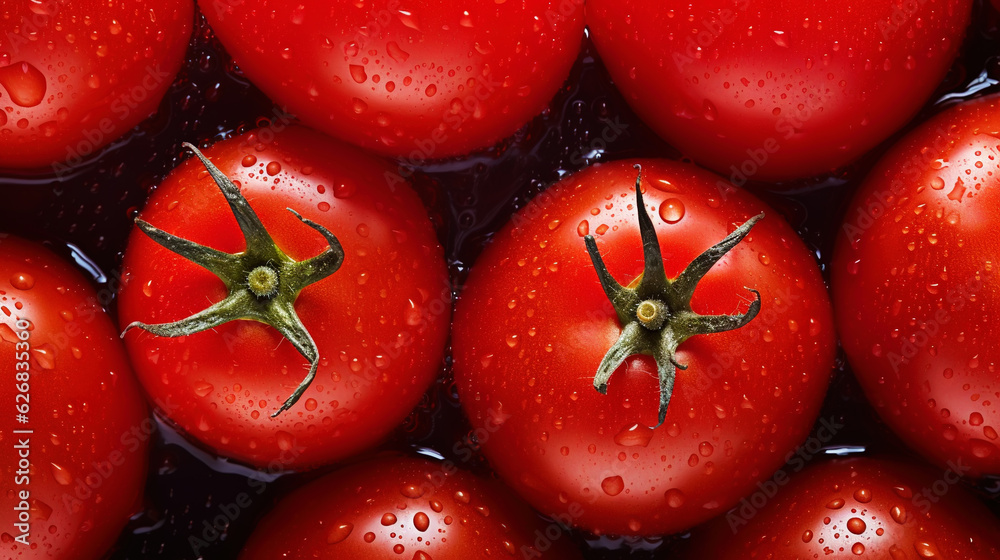 Fresh red tomatoes with water drops background. Vegetables backdrop. Generative AI