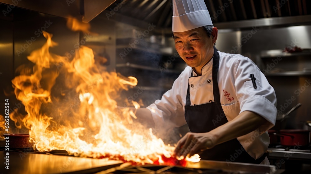 Asian chef cooking in restaurant