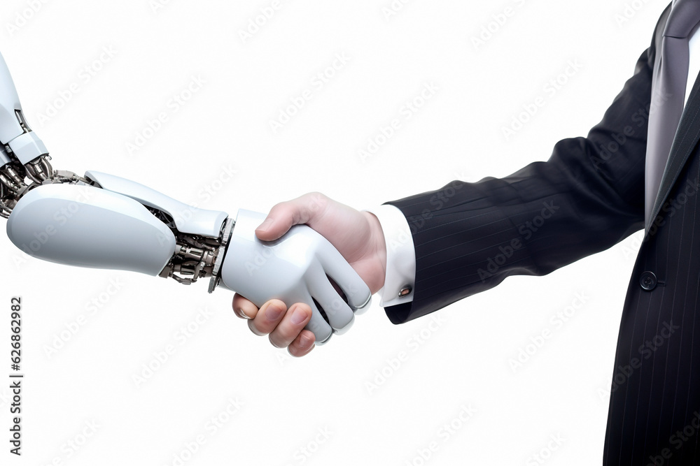 Business handshake between robot and human partners or friends. Isolated on white background