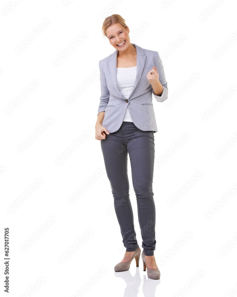 Shes an elegant woman. A beautiful blonde standing and smiling isolated on white.