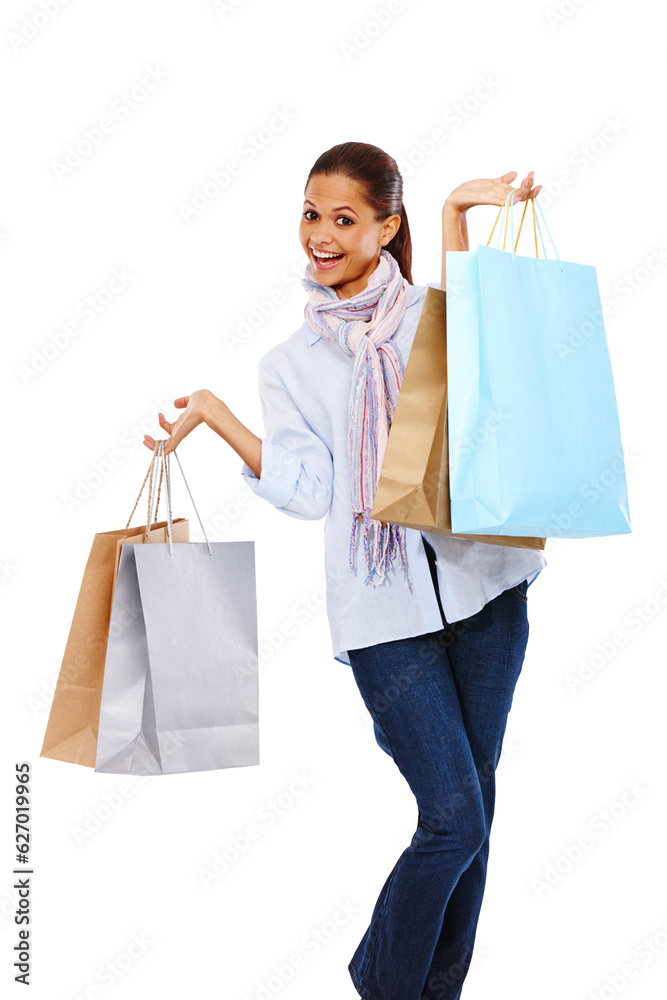 Happy woman, shopping bag and studio portrait with white background, isolated mockup and mall sales.